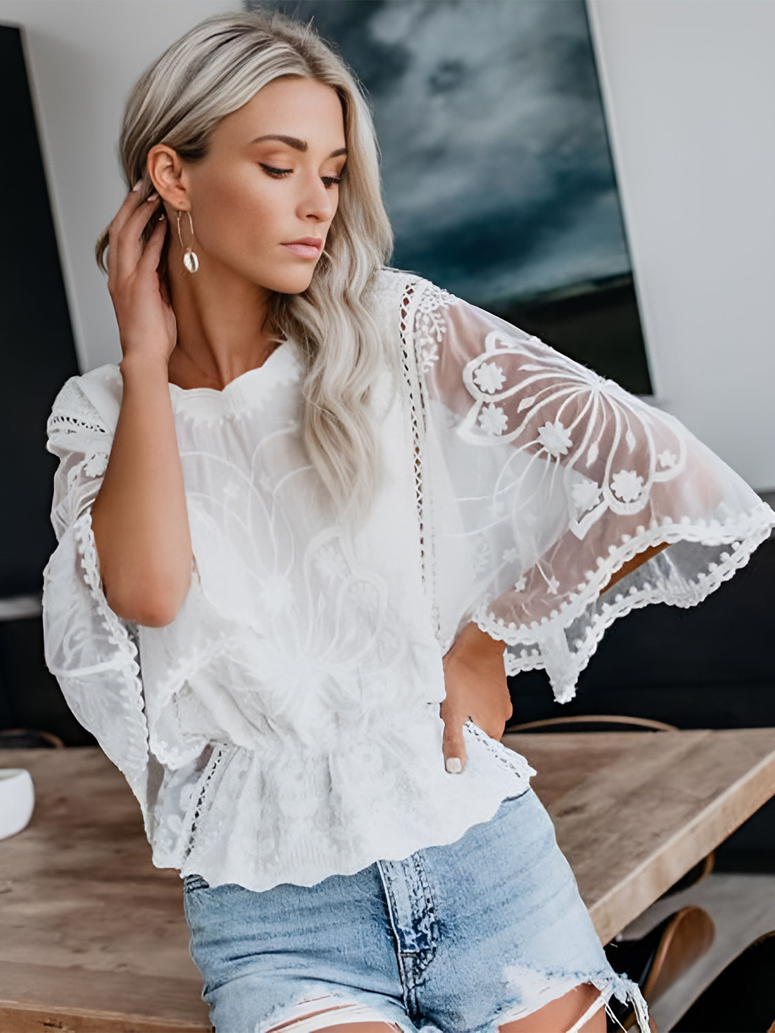 Regular & Plus Size Lace Detail Blouse