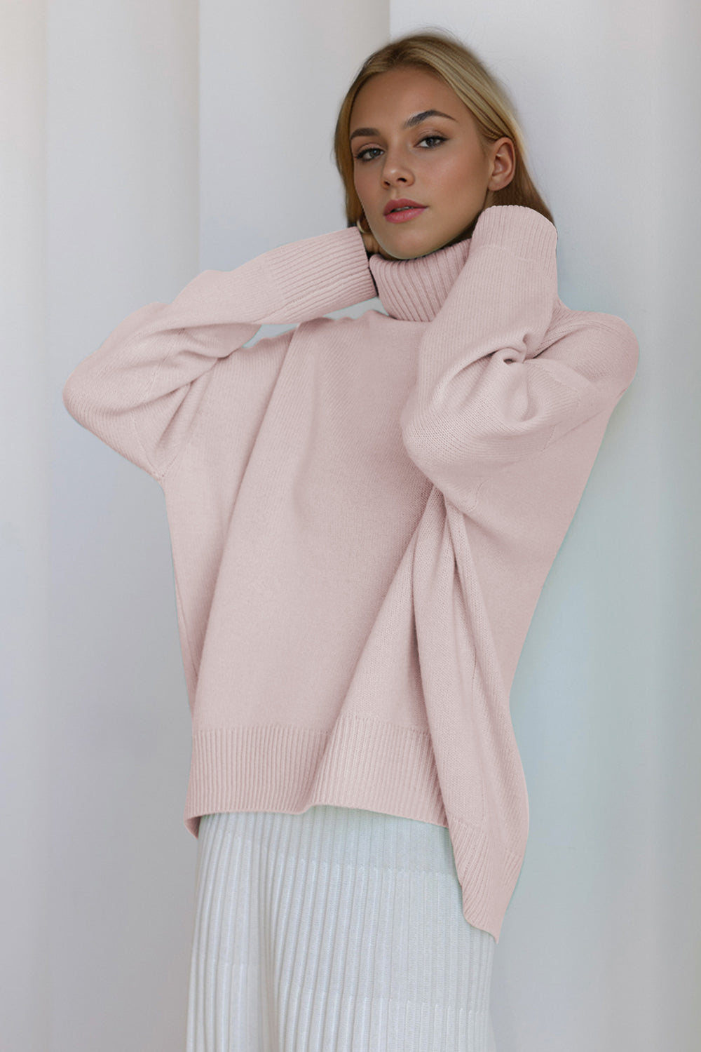 One Size Turtleneck Dropped Shoulder Long Sleeve Sweater