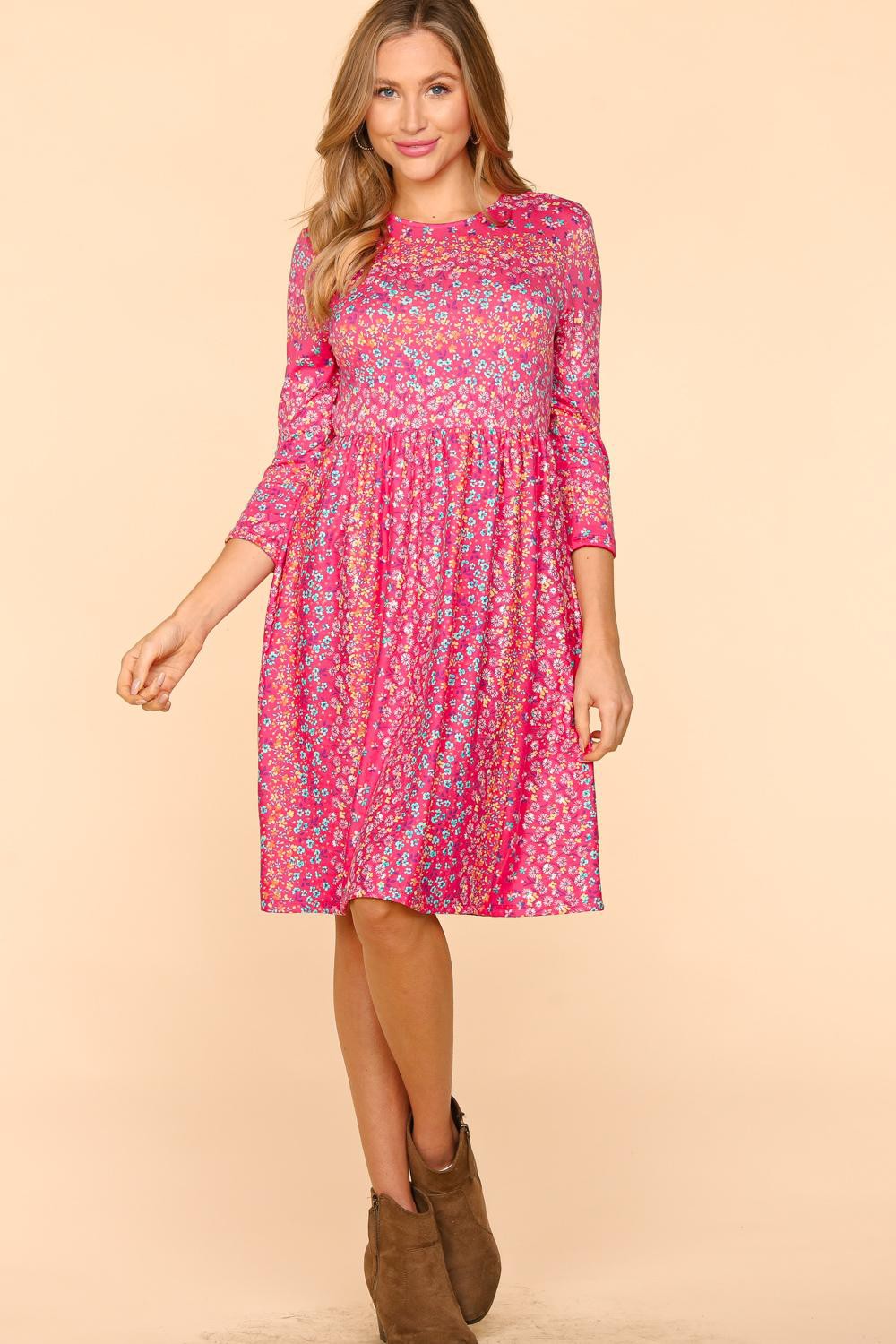 Delightful Round Neck Floral Dress with Pockets