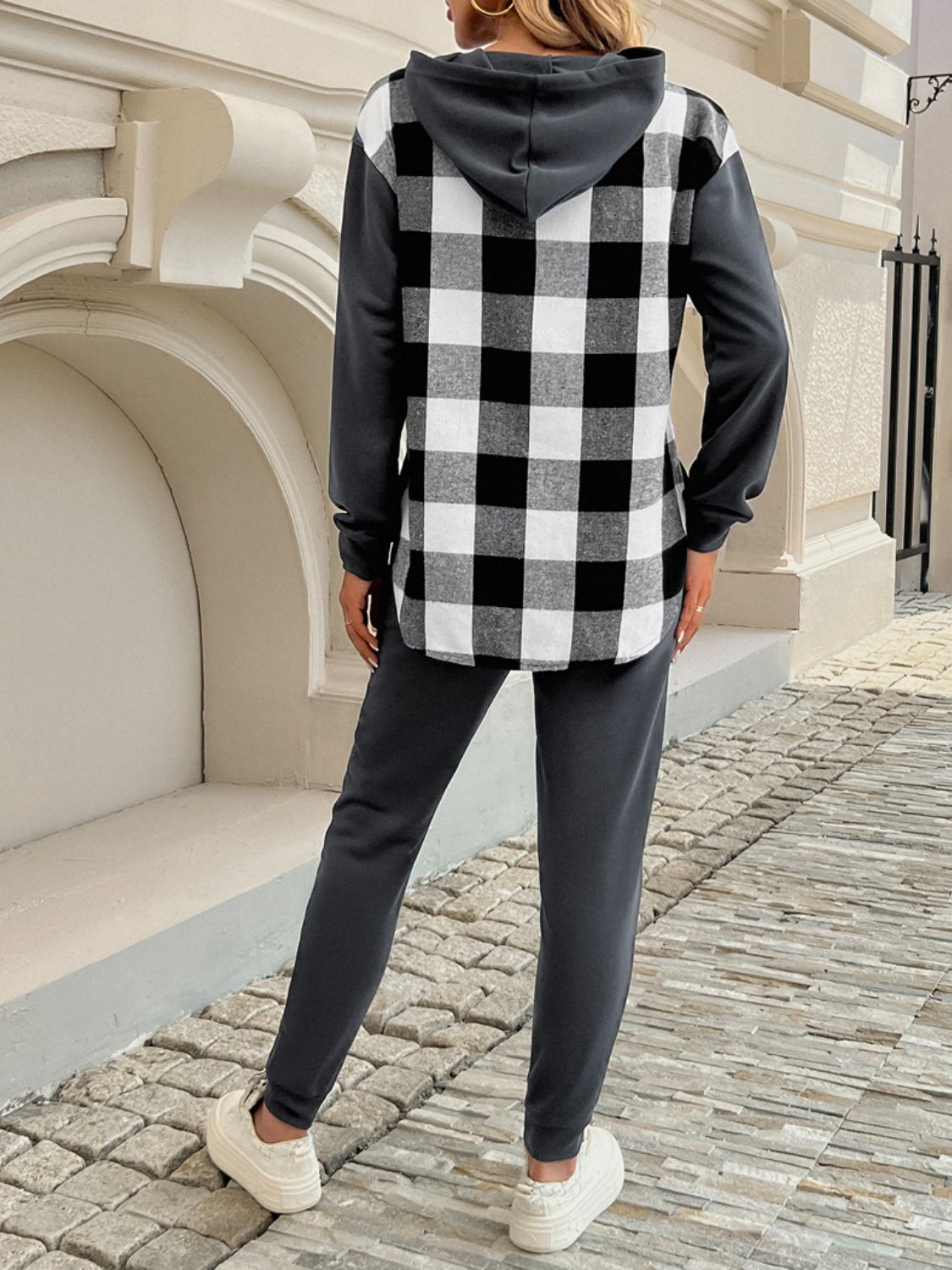 Plaid Long Sleeve Hooded Top & Pants Set