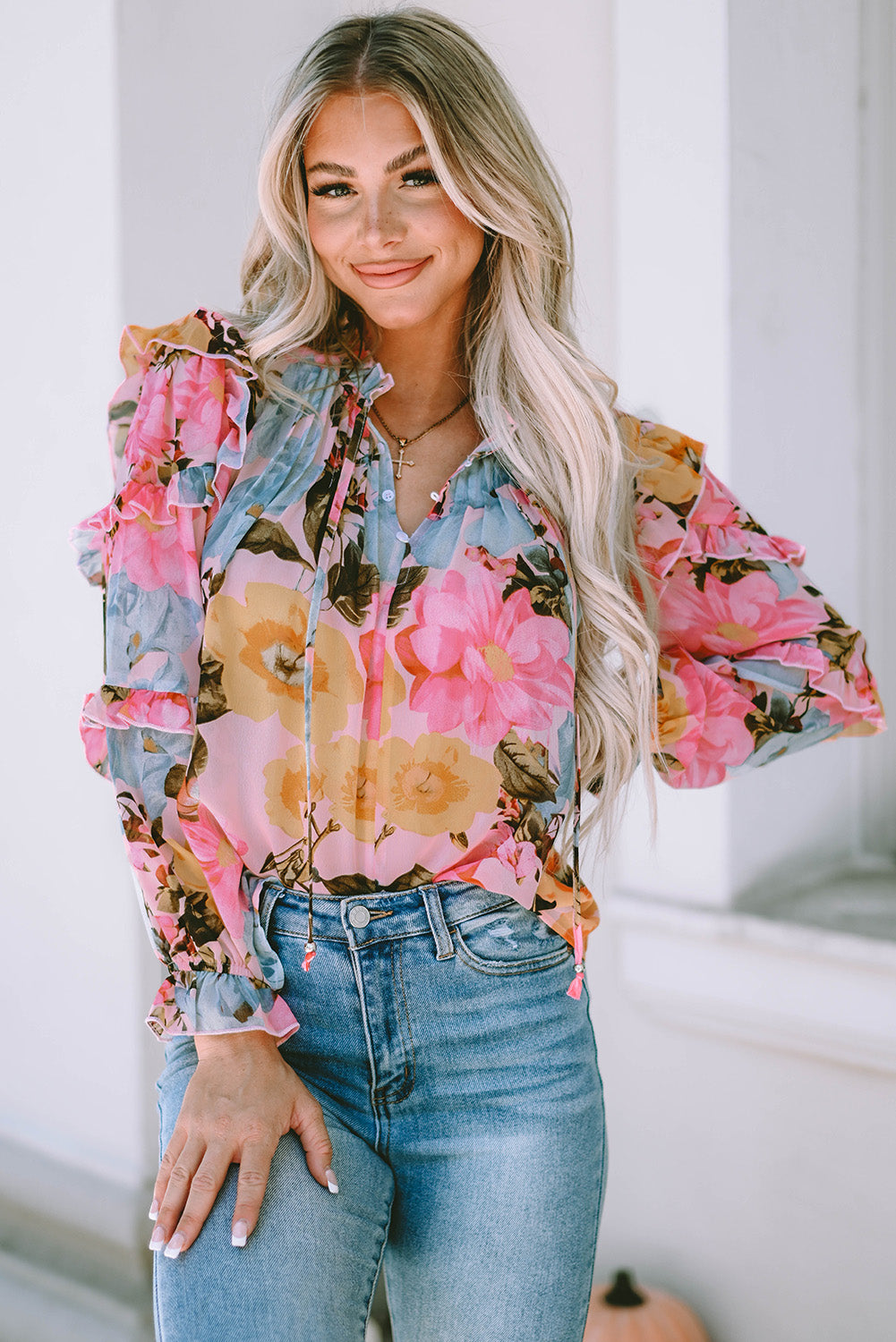 Ruffled Sleeve Floral Print Blouse