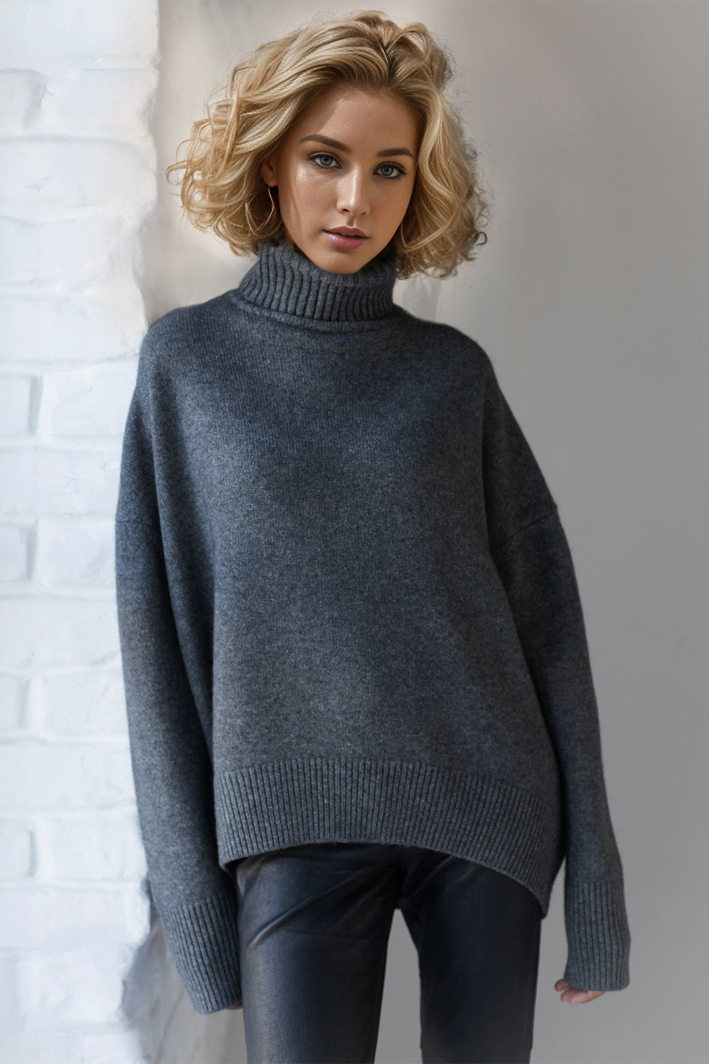 One Size Turtleneck Dropped Shoulder Long Sleeve Sweater