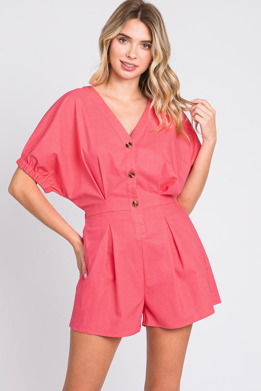 Chic Vibes Half Button V-Neck Linen Romper