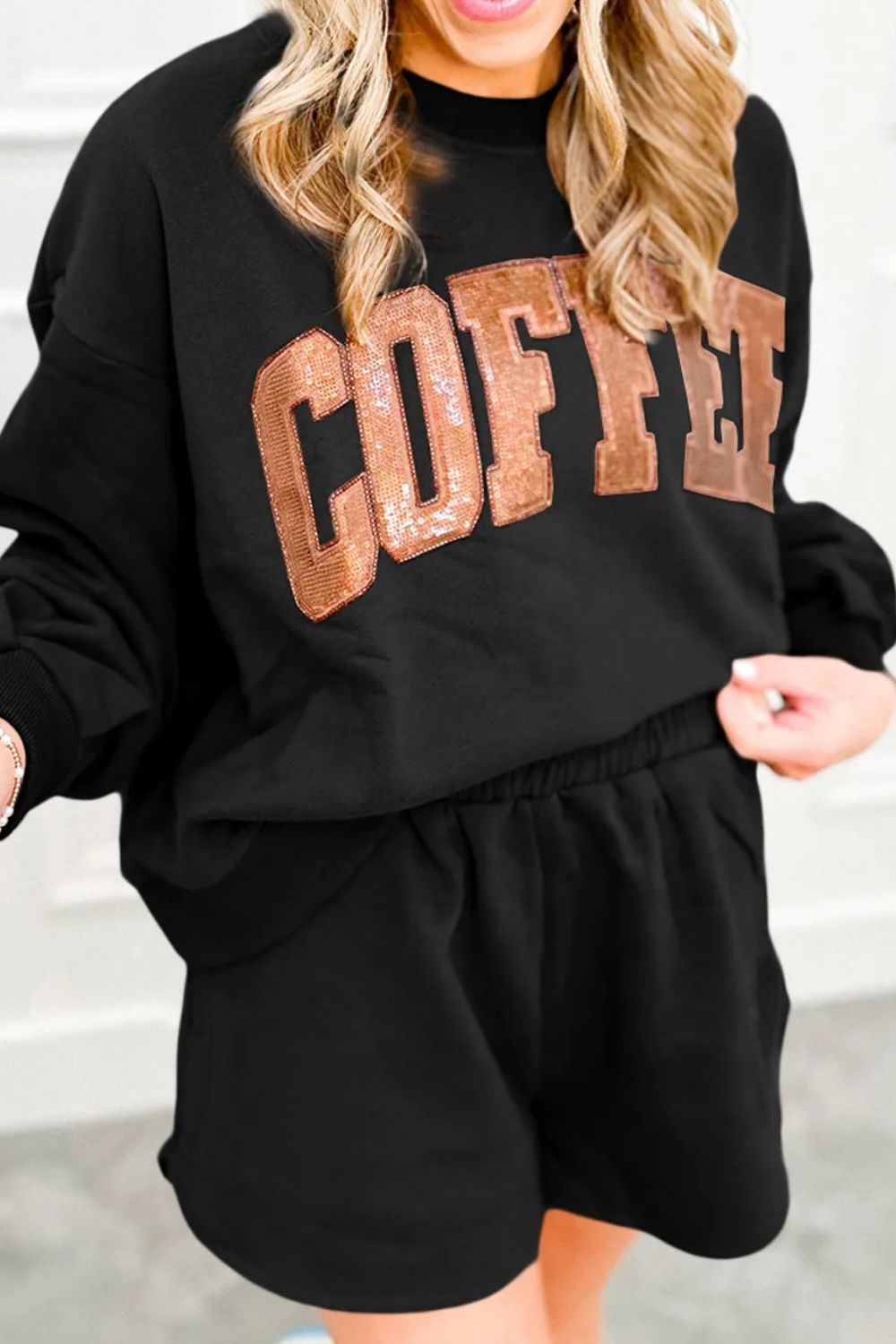 COFFEE Sequin Round Neck Long Sleeve Top & Shorts Set