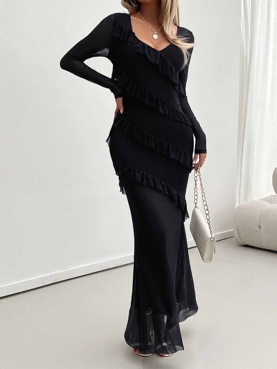 Delightful Ruffled Surplice Long Sleeve Maxi Dress