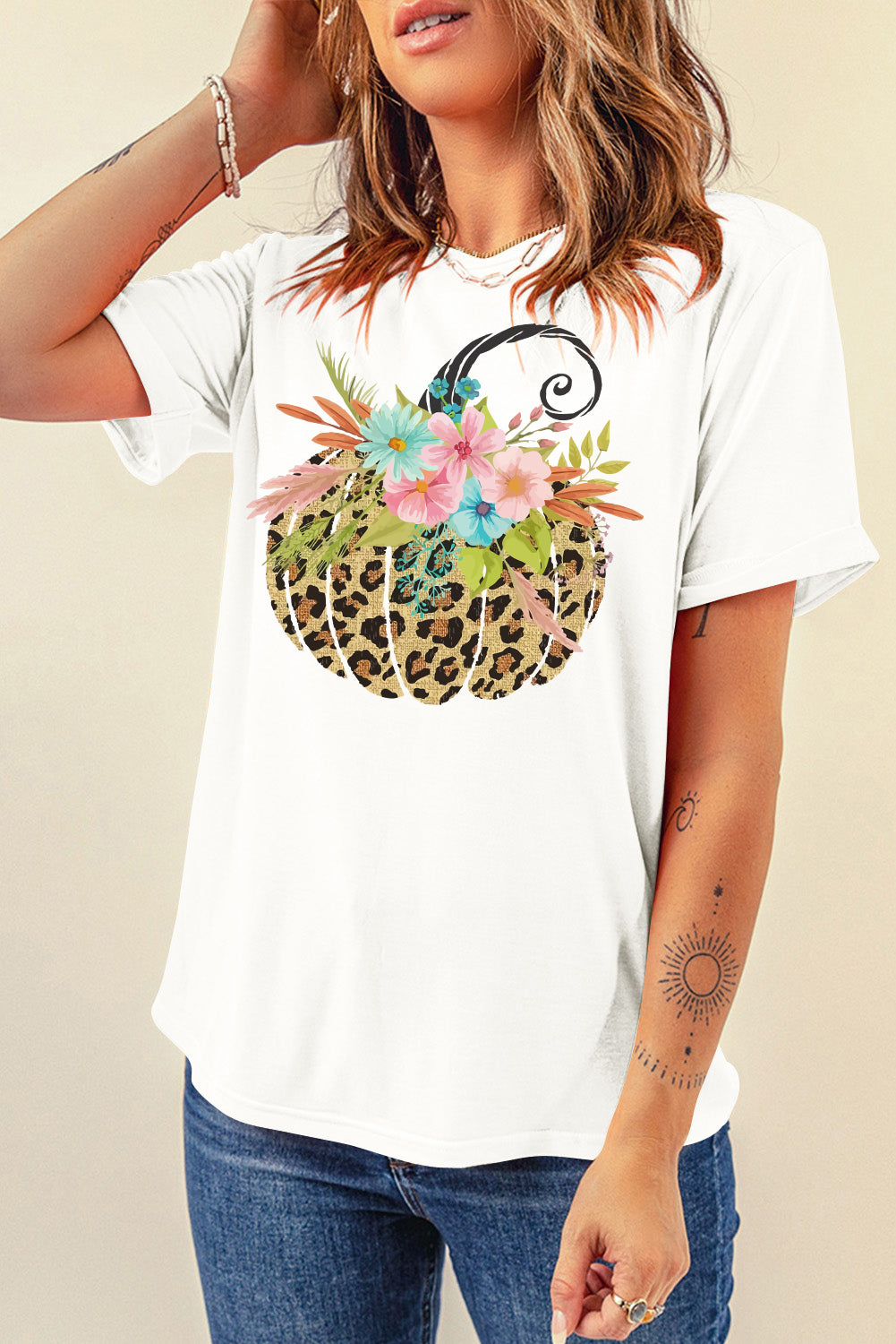 Animal Print Pumpkin Graphic Round Neck T-Shirt