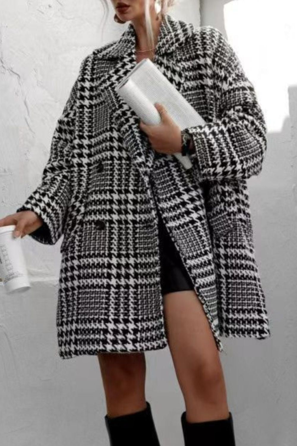 Regular & Plus Size Houndstooth Collared Long Sleeve Coat