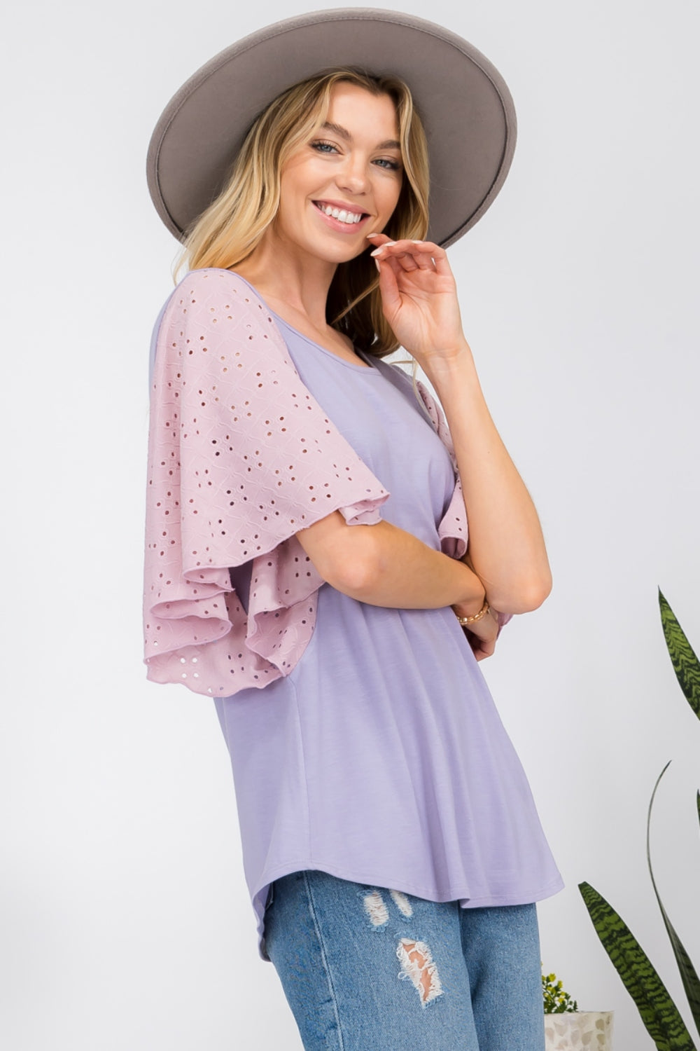 Regular & Plus Size Contrast Eyelet Ruffle Sleeve Blouse