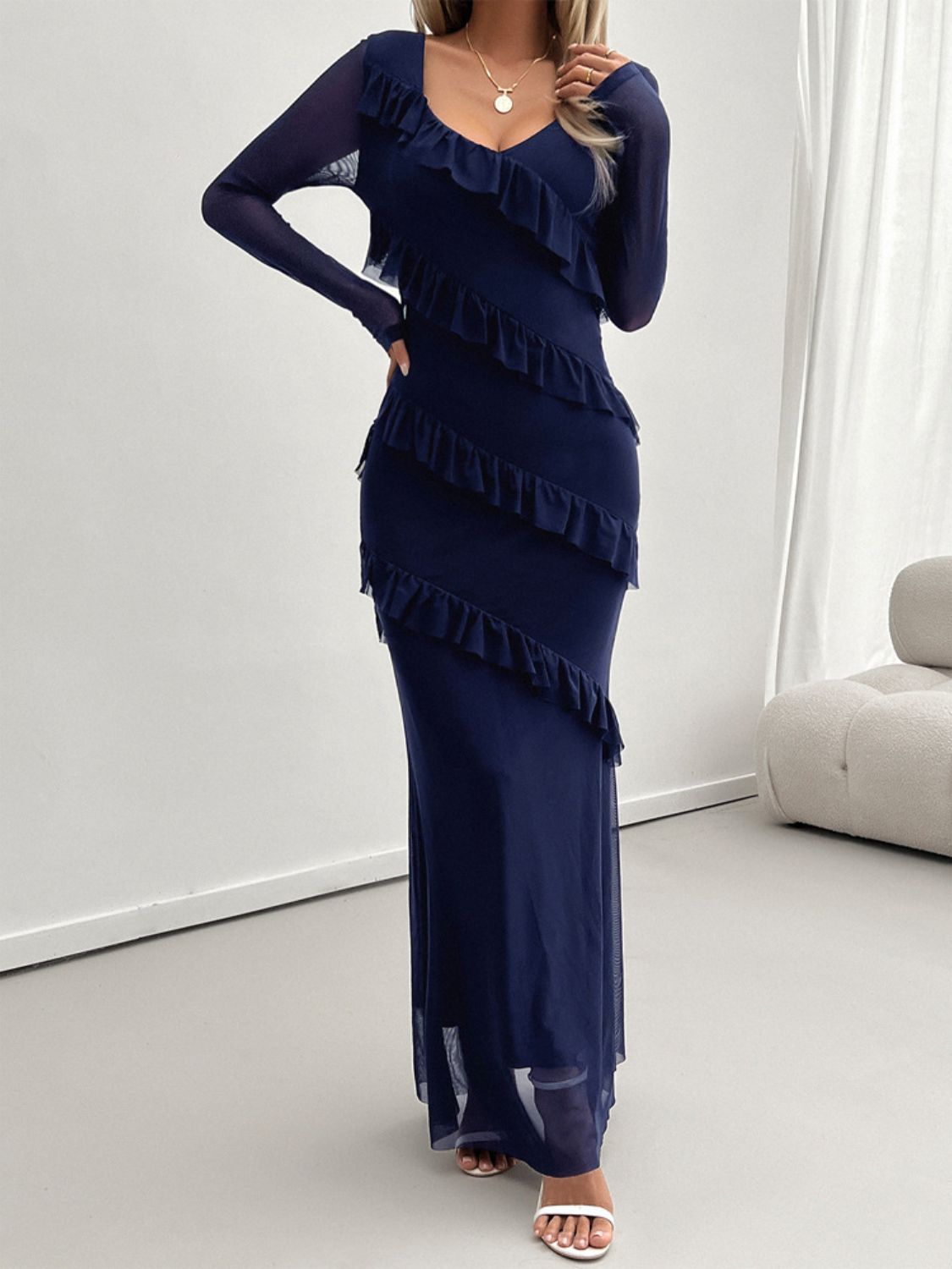 Delightful Ruffled Surplice Long Sleeve Maxi Dress