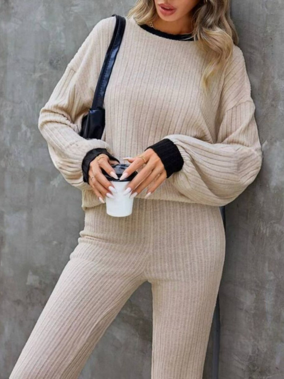 Contrast Long Sleeve Top & Bootcut Pants Set