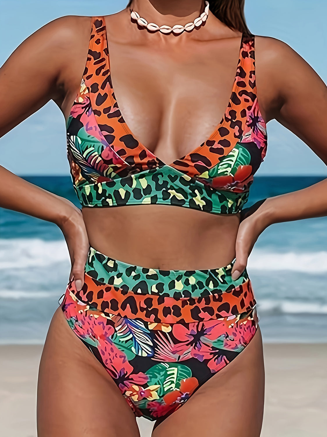 Regular & Plus Size Leopard Plunge Two-Piece Swim Set