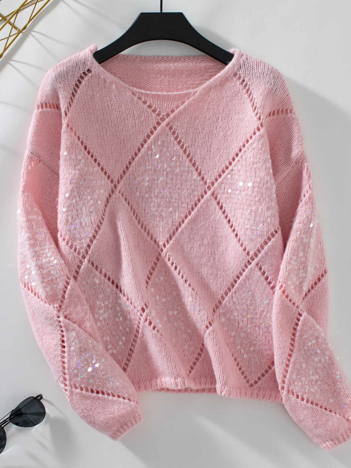 Openwork Round Neck Long Sleeve Knit Sweater