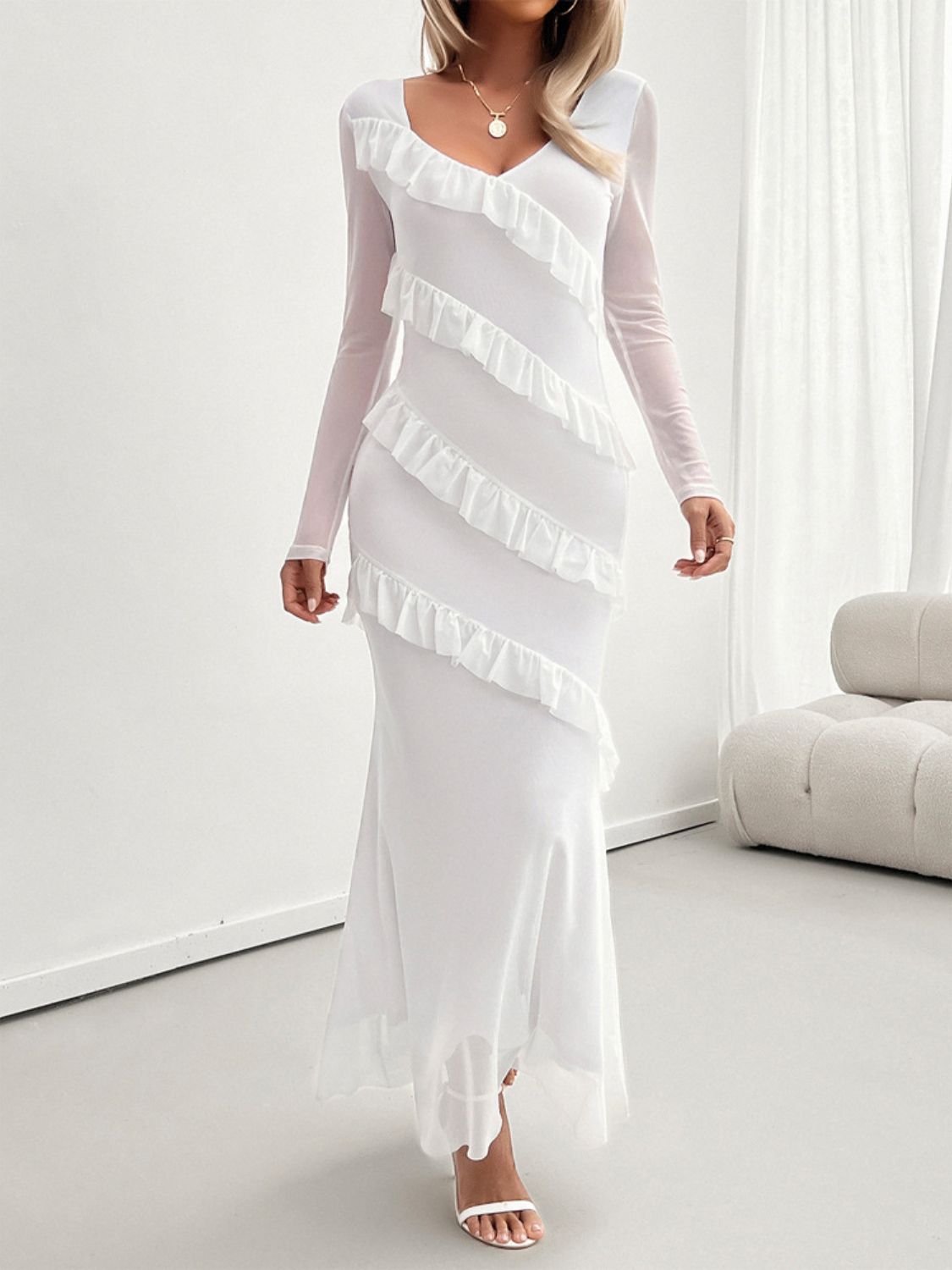 Delightful Ruffled Surplice Long Sleeve Maxi Dress