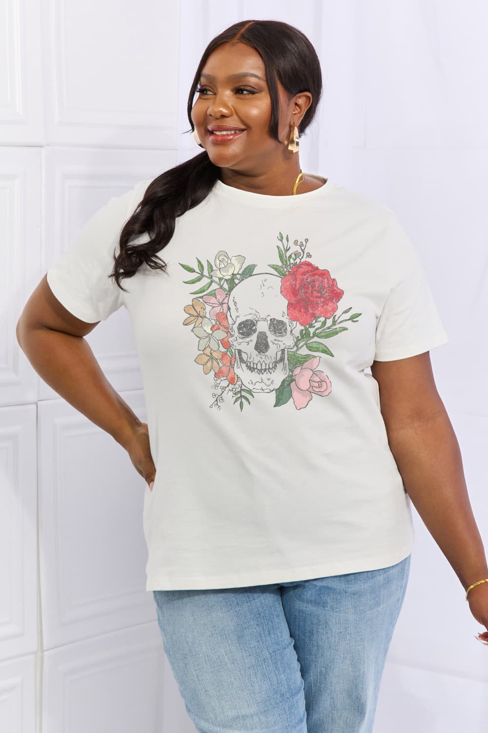 Regular & Plus Size Floral Skull Graphic Cotton Tee