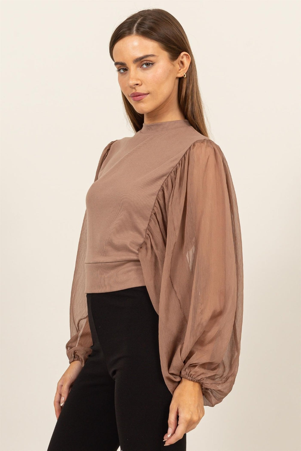 Ruched Sheer Sleeve Blouse