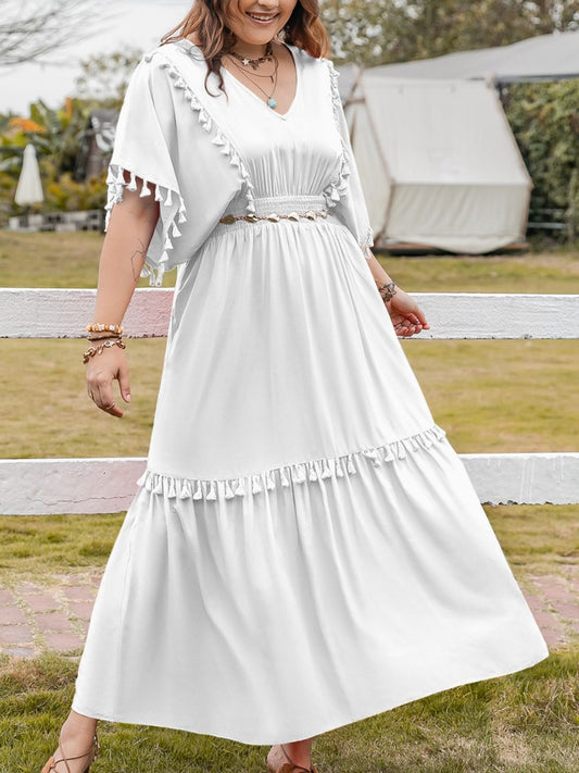 Plus Size Tassel Smocked Half Sleeve Dress