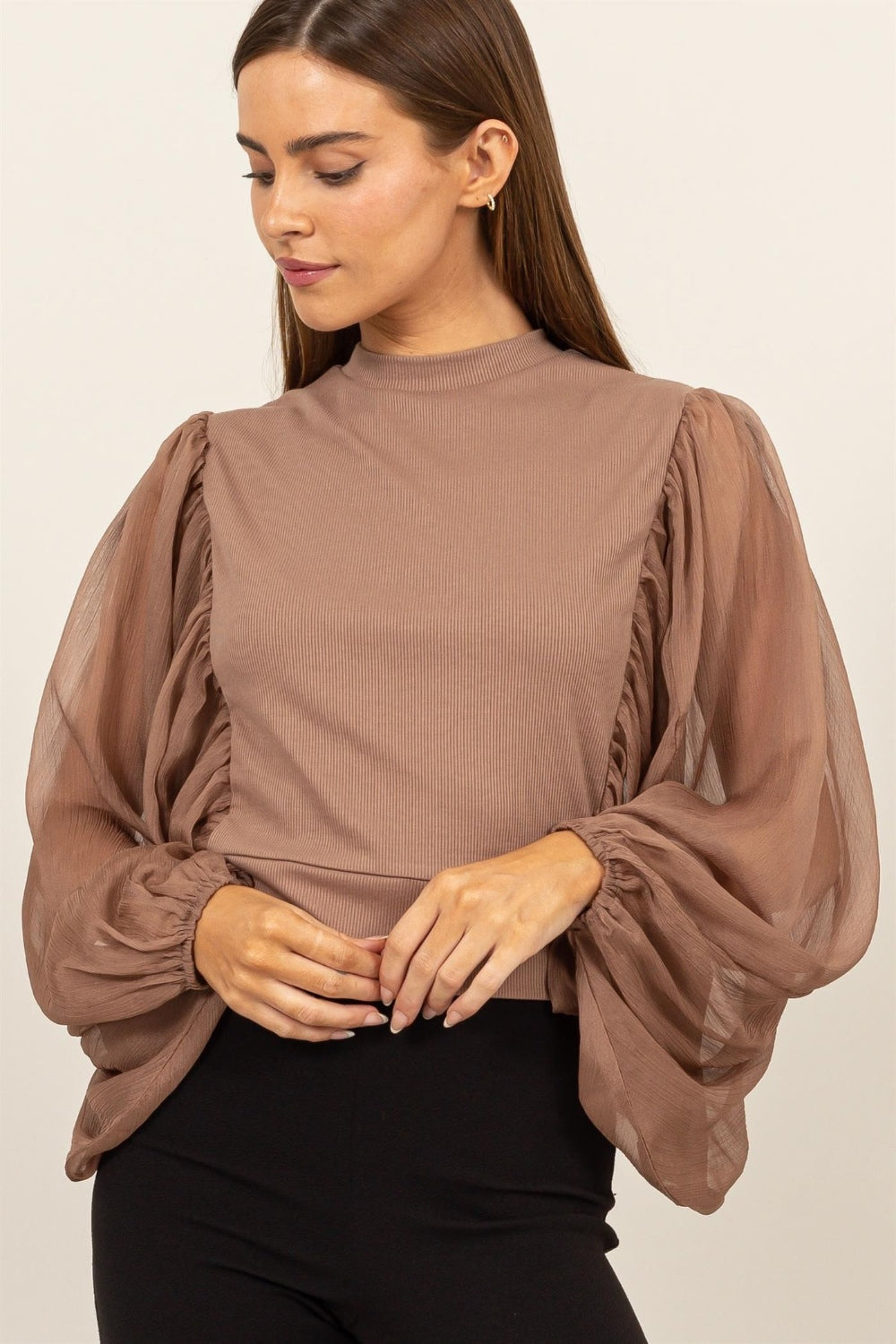 Ruched Sheer Sleeve Blouse