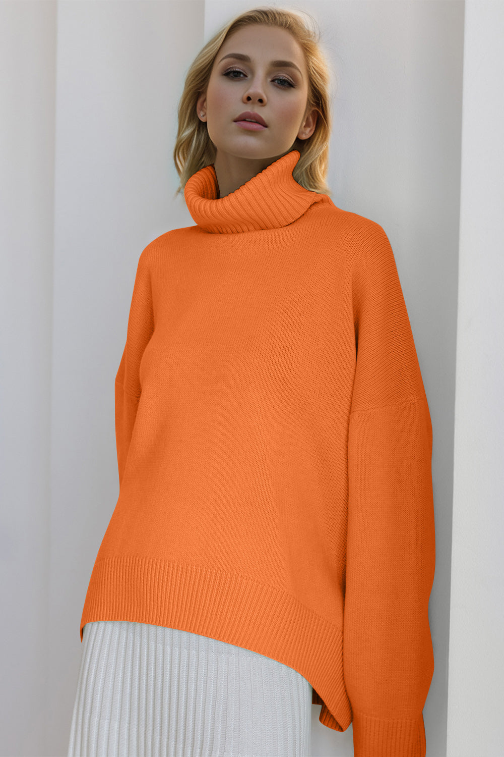 One Size Turtleneck Dropped Shoulder Long Sleeve Sweater