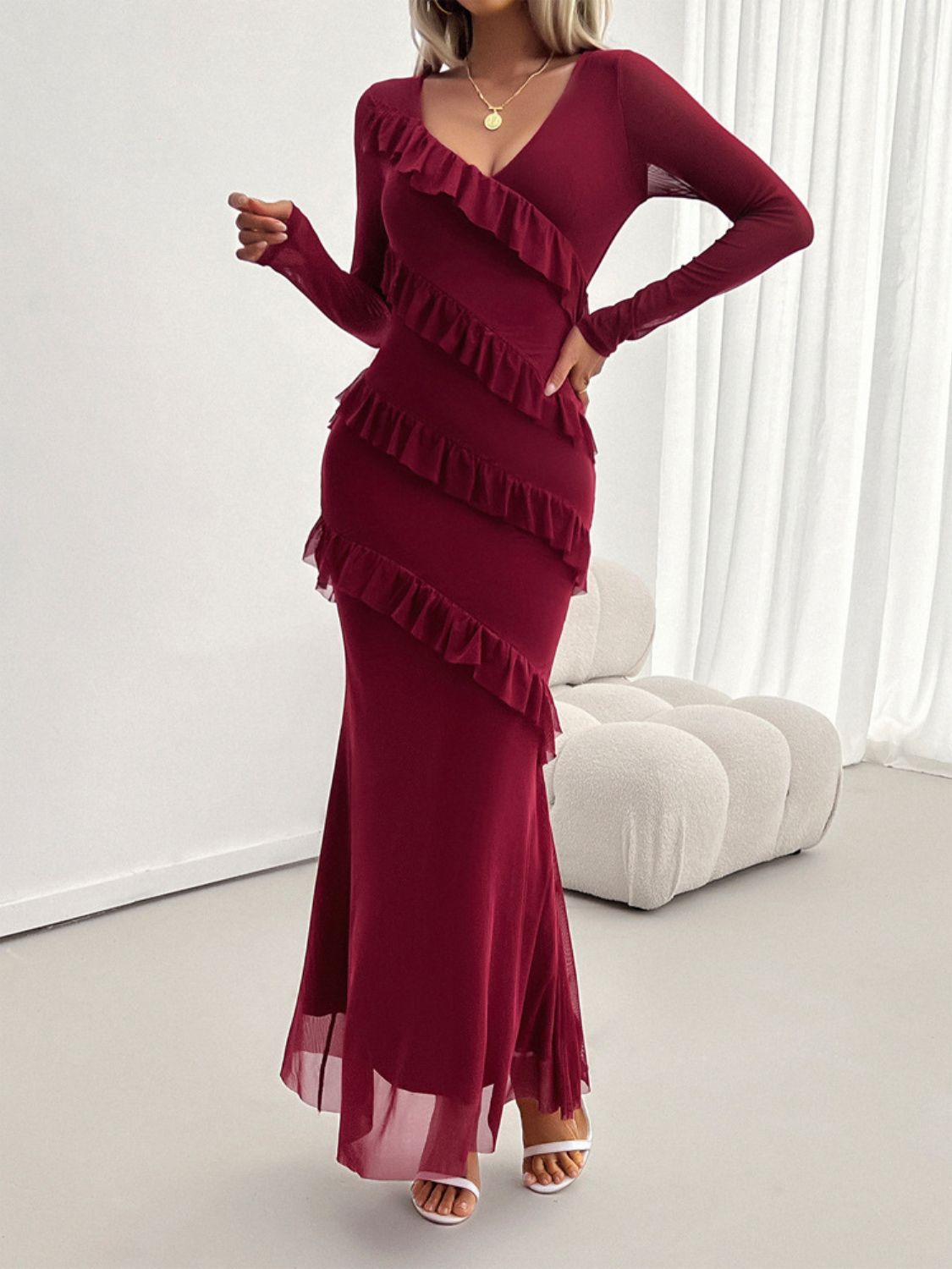 Delightful Ruffled Surplice Long Sleeve Maxi Dress