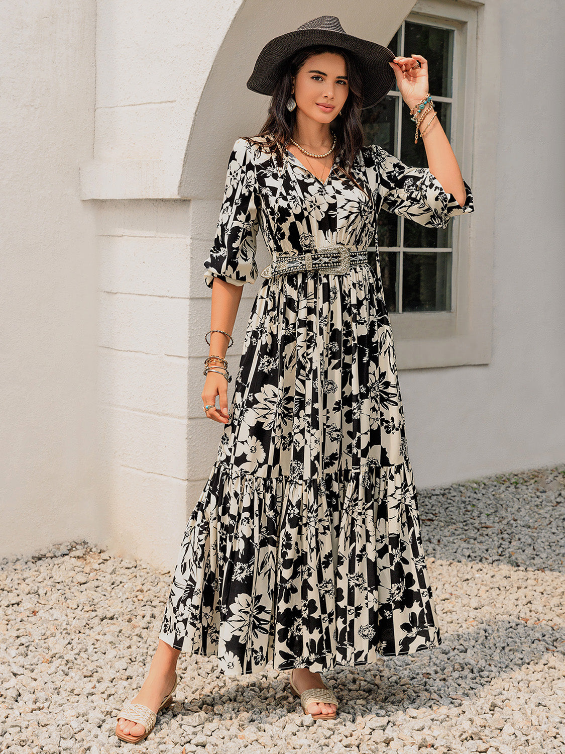 Regular & Plus Size Smocked Printed Tie Neck Long Sleeve Dress