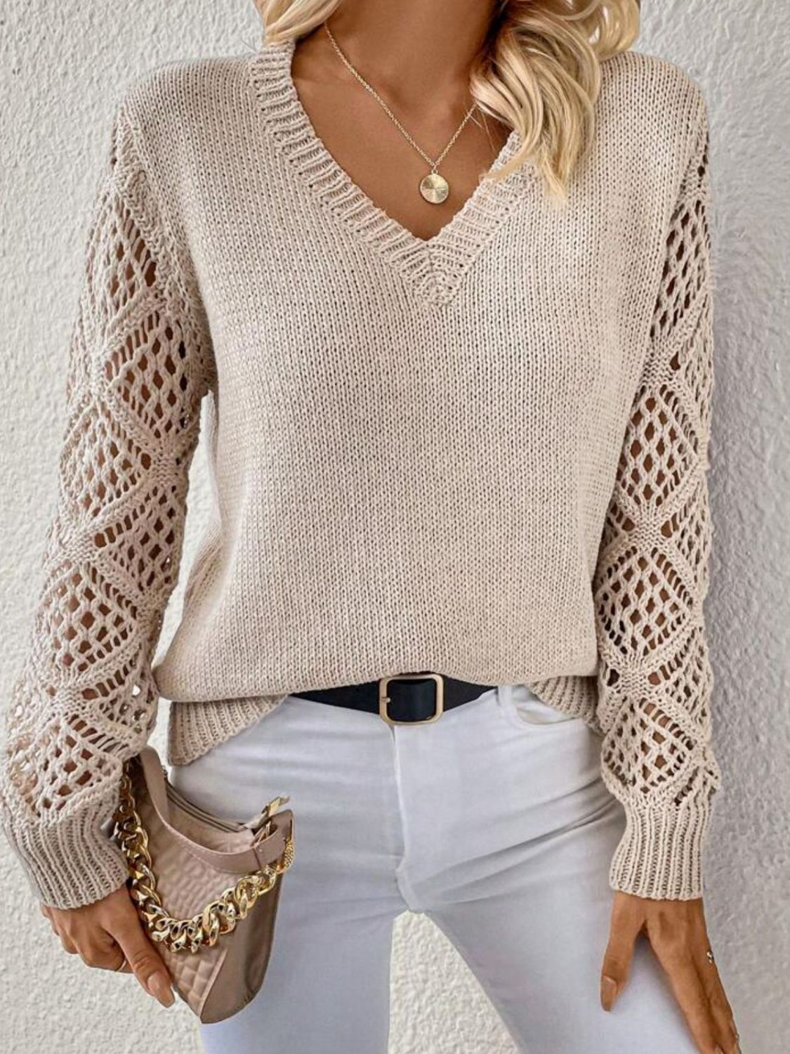 V-Neck Long Sleeve Sweater with Openwork Detail