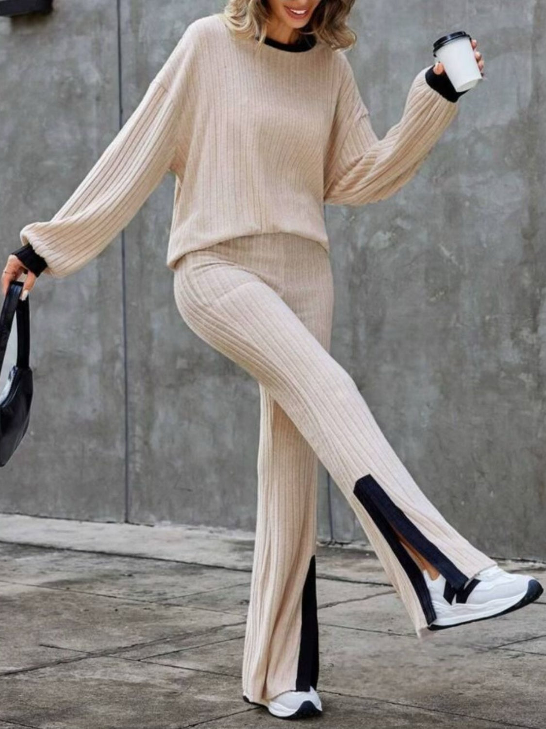 Contrast Long Sleeve Top & Bootcut Pants Set