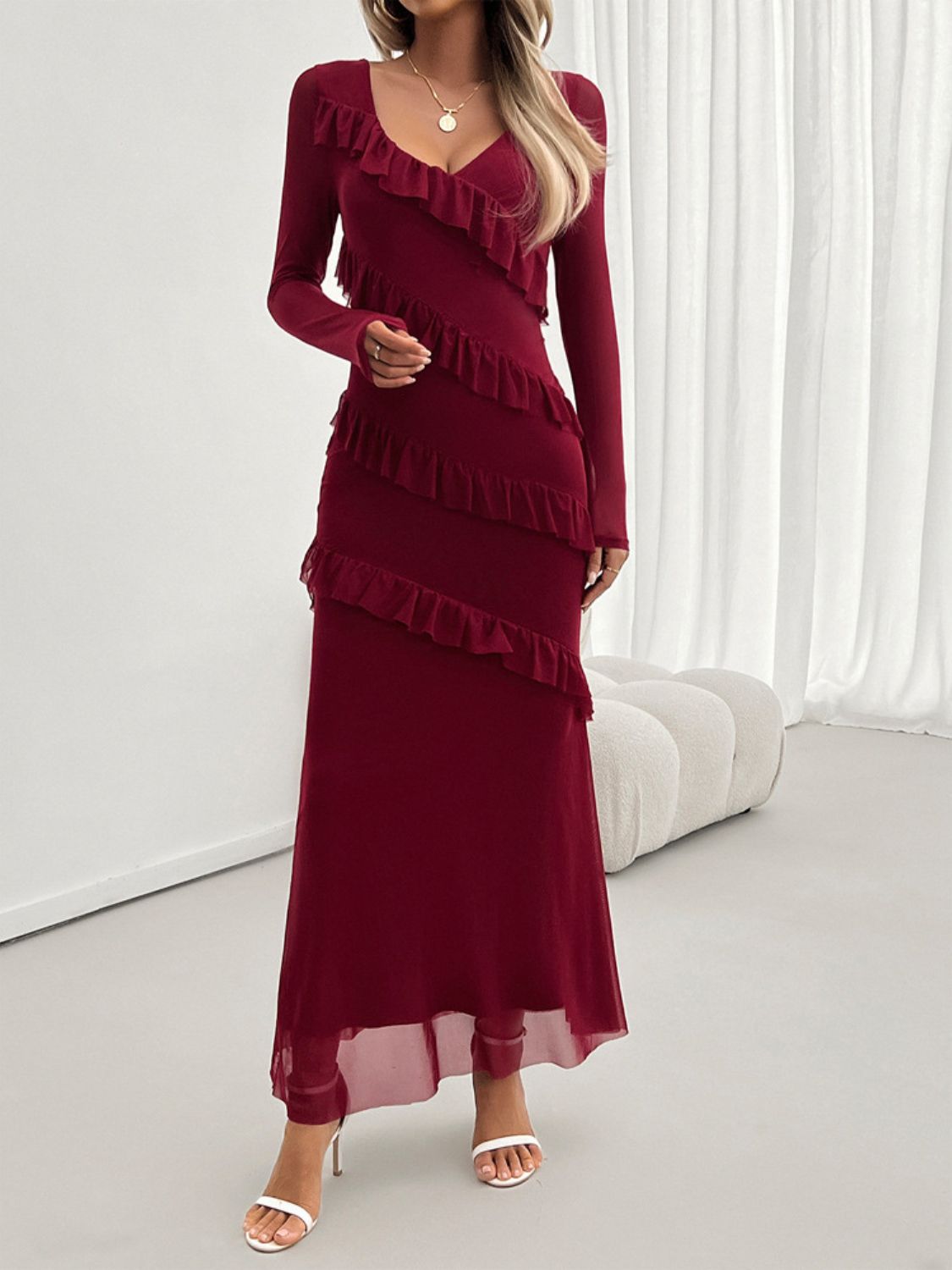 Delightful Ruffled Surplice Long Sleeve Maxi Dress