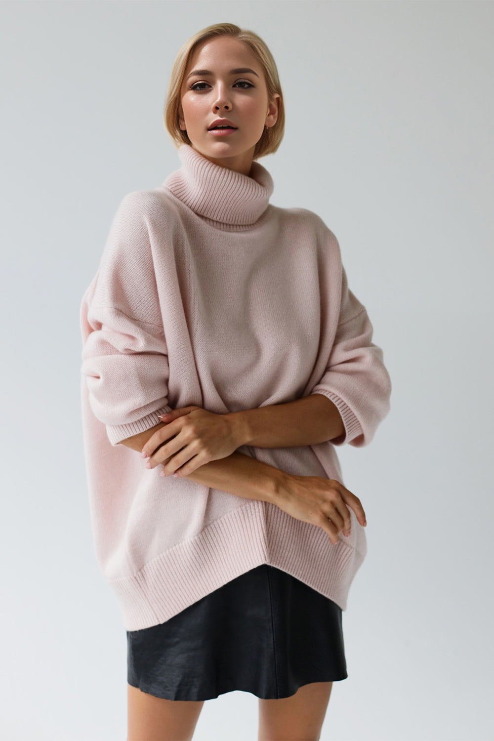 One Size Turtleneck Dropped Shoulder Long Sleeve Sweater