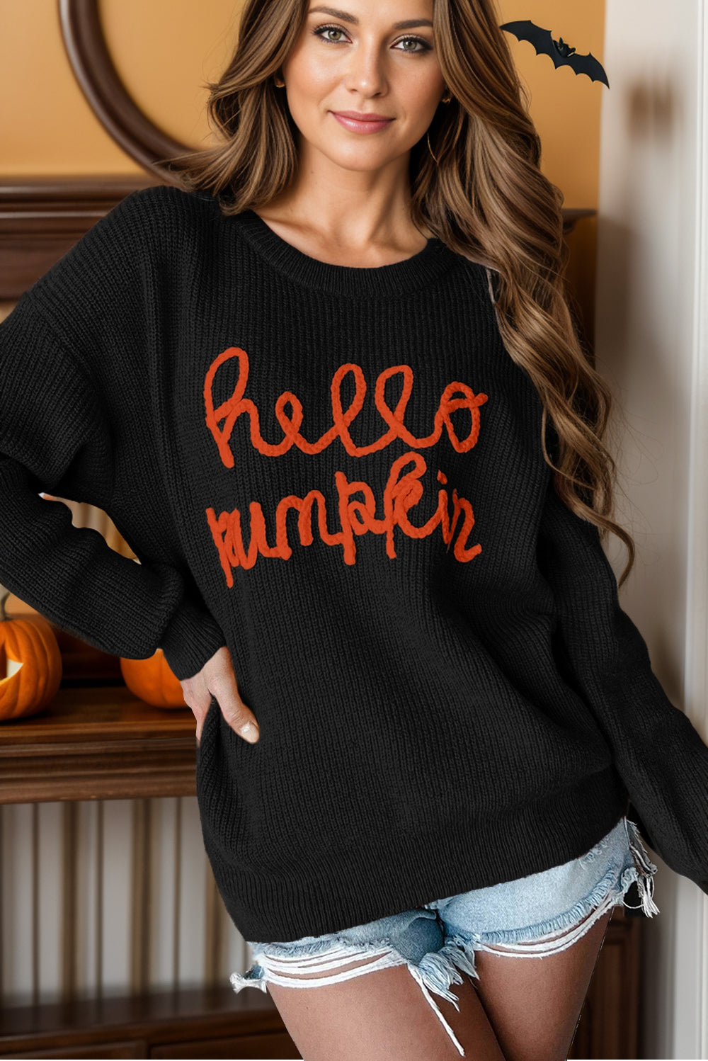 HELLO PUMPKIN Round Neck Long Sleeve Sweater