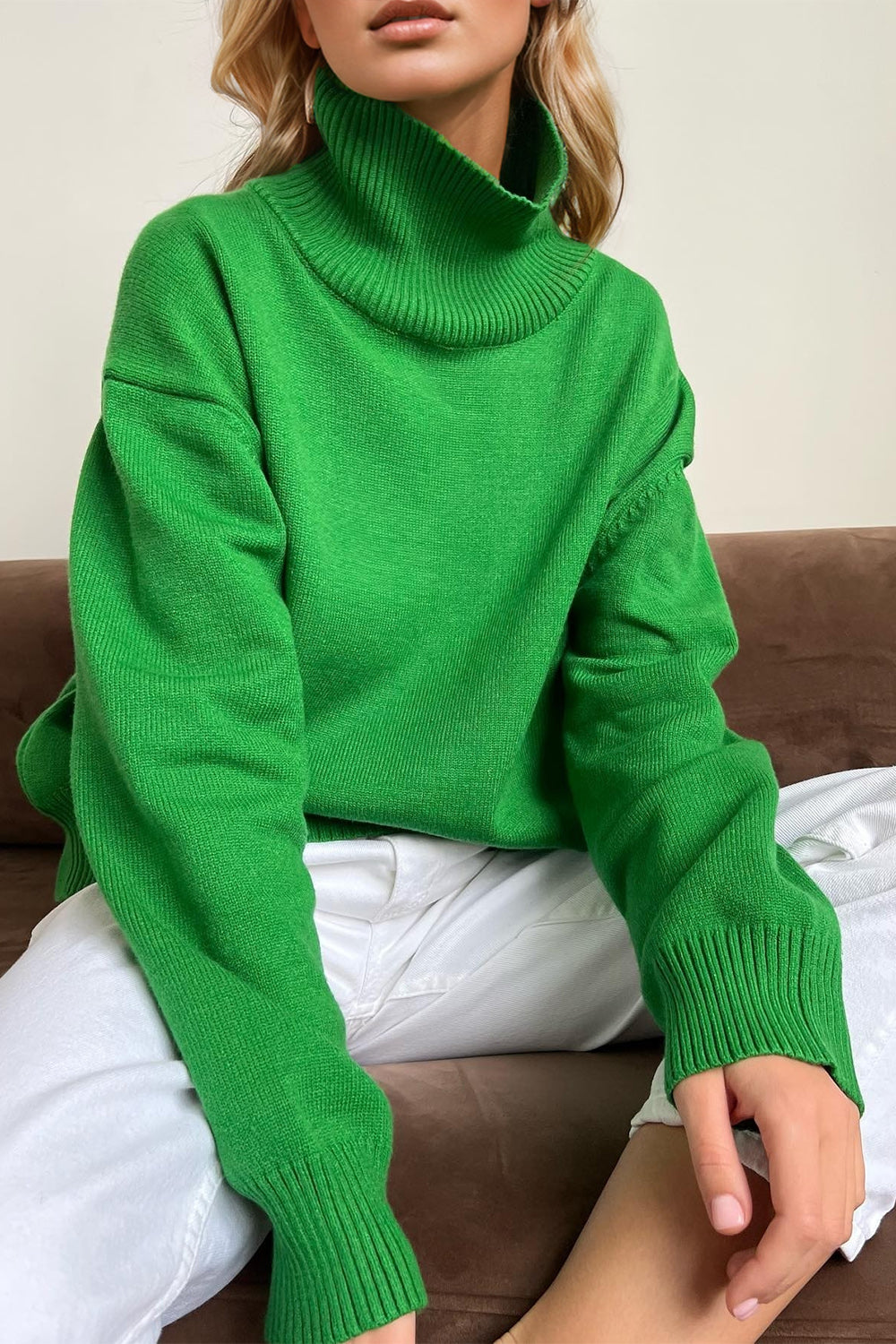 One Size Turtleneck Dropped Shoulder Long Sleeve Sweater