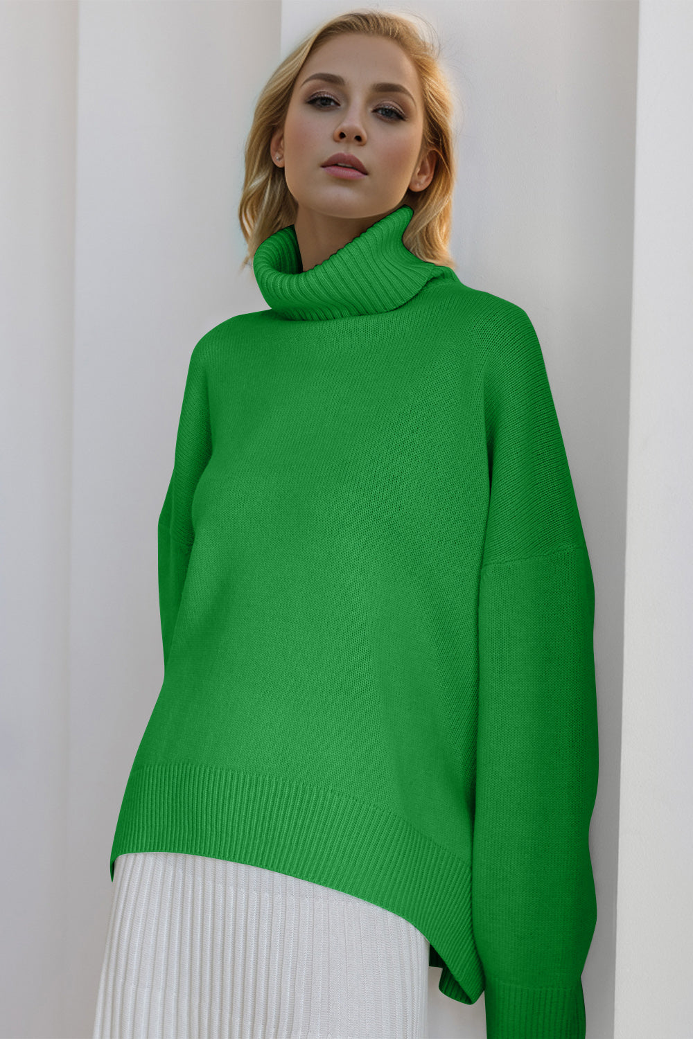 One Size Turtleneck Dropped Shoulder Long Sleeve Sweater