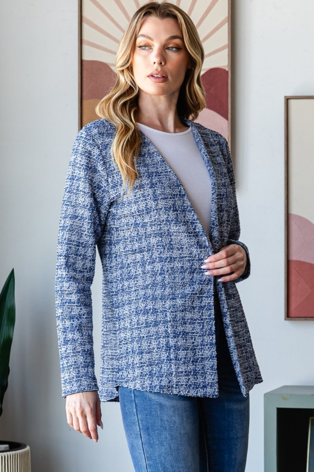 Regular & Plus Size Houndstooth Tweed Open Front Blazer