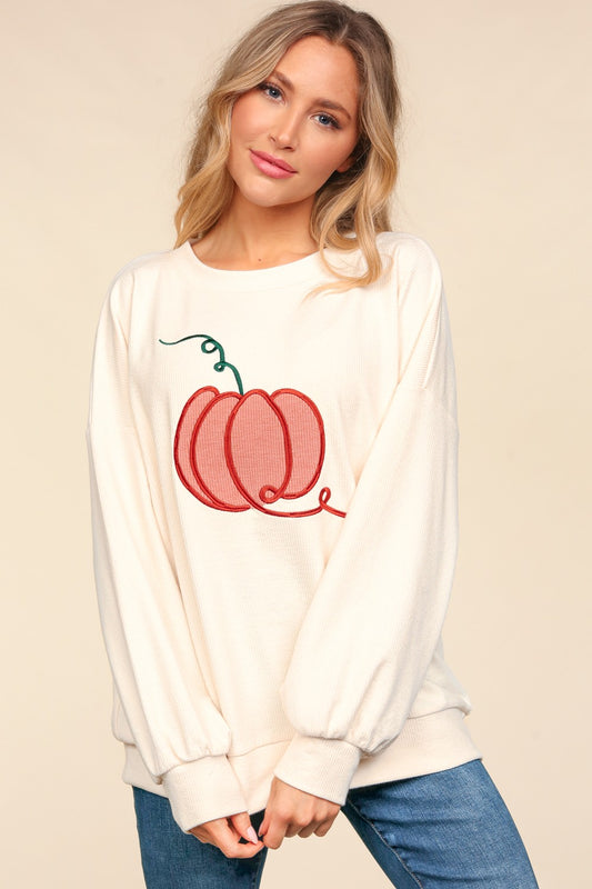 Regular & Plus Size Embroidery Pumpkin Long Sleeve Knit Top