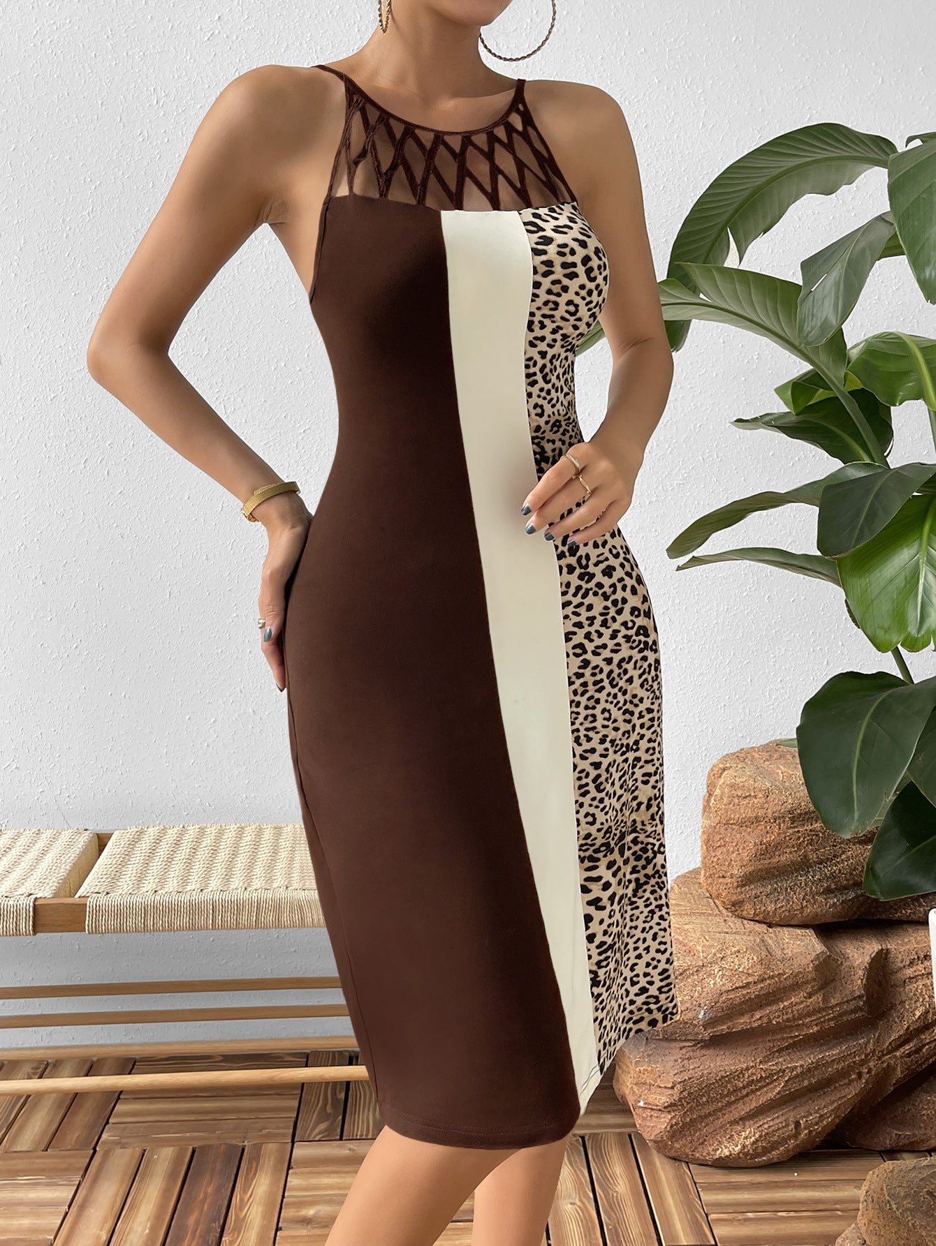 Leopard Color Block Cutout Sleeveless Dress