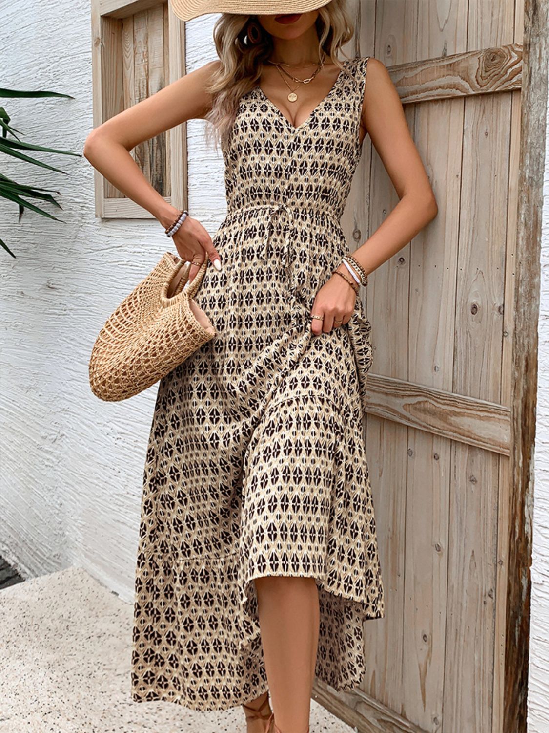 Printed Tie Waist Midi Dress