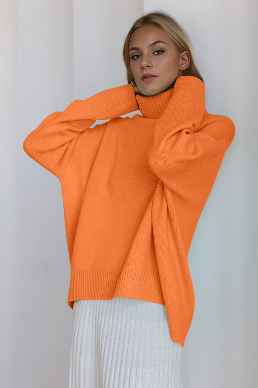 One Size Turtleneck Dropped Shoulder Long Sleeve Sweater