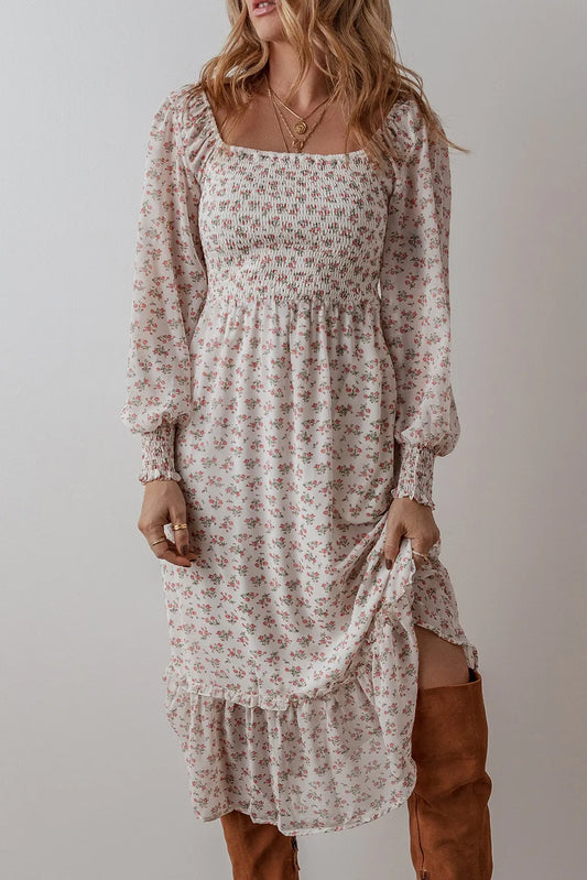 Autumn Vibes Floral Square Neck Long Sleeve Midi Dress