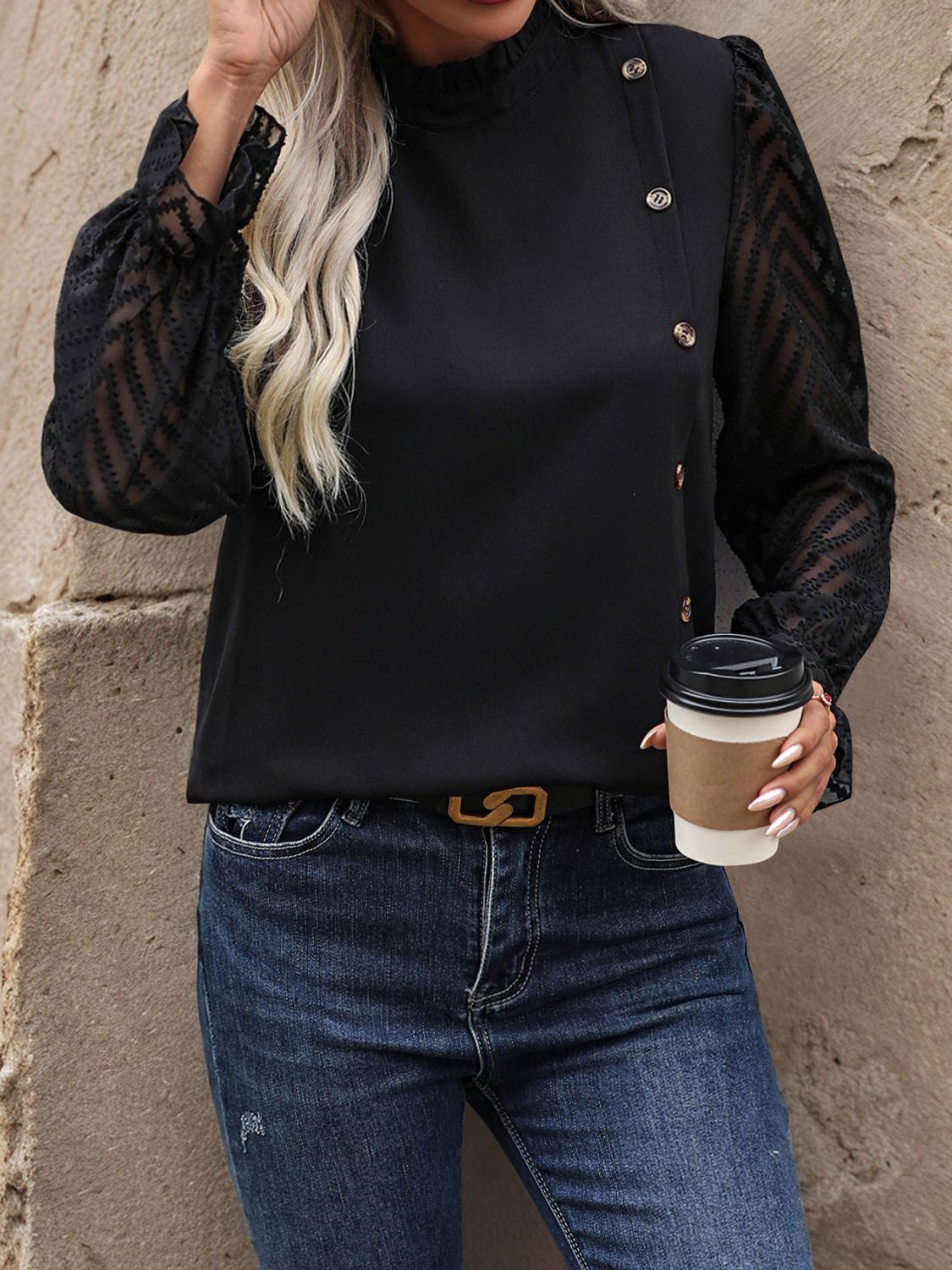 Mock Neck Flounce Sleeve Blouse