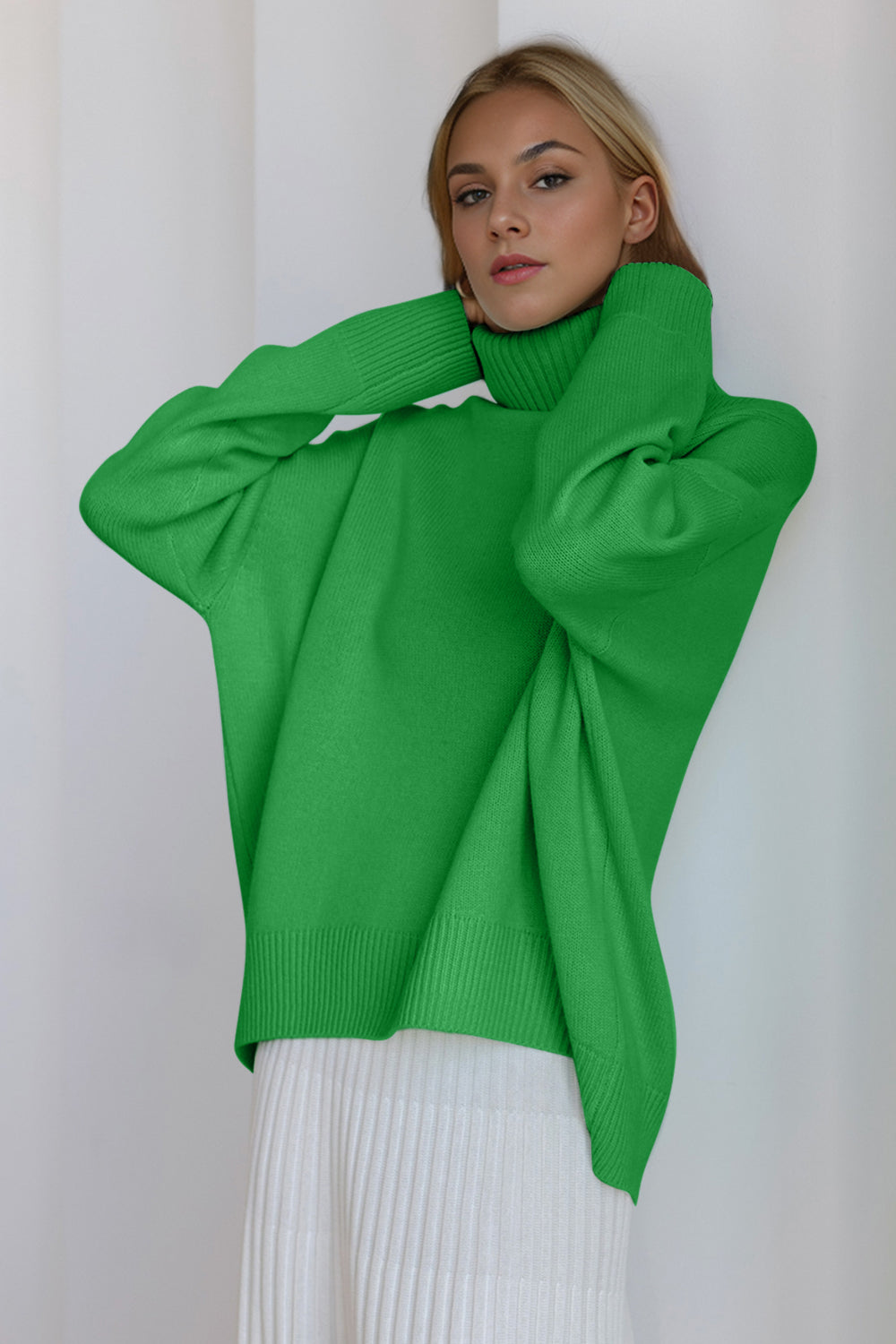 One Size Turtleneck Dropped Shoulder Long Sleeve Sweater