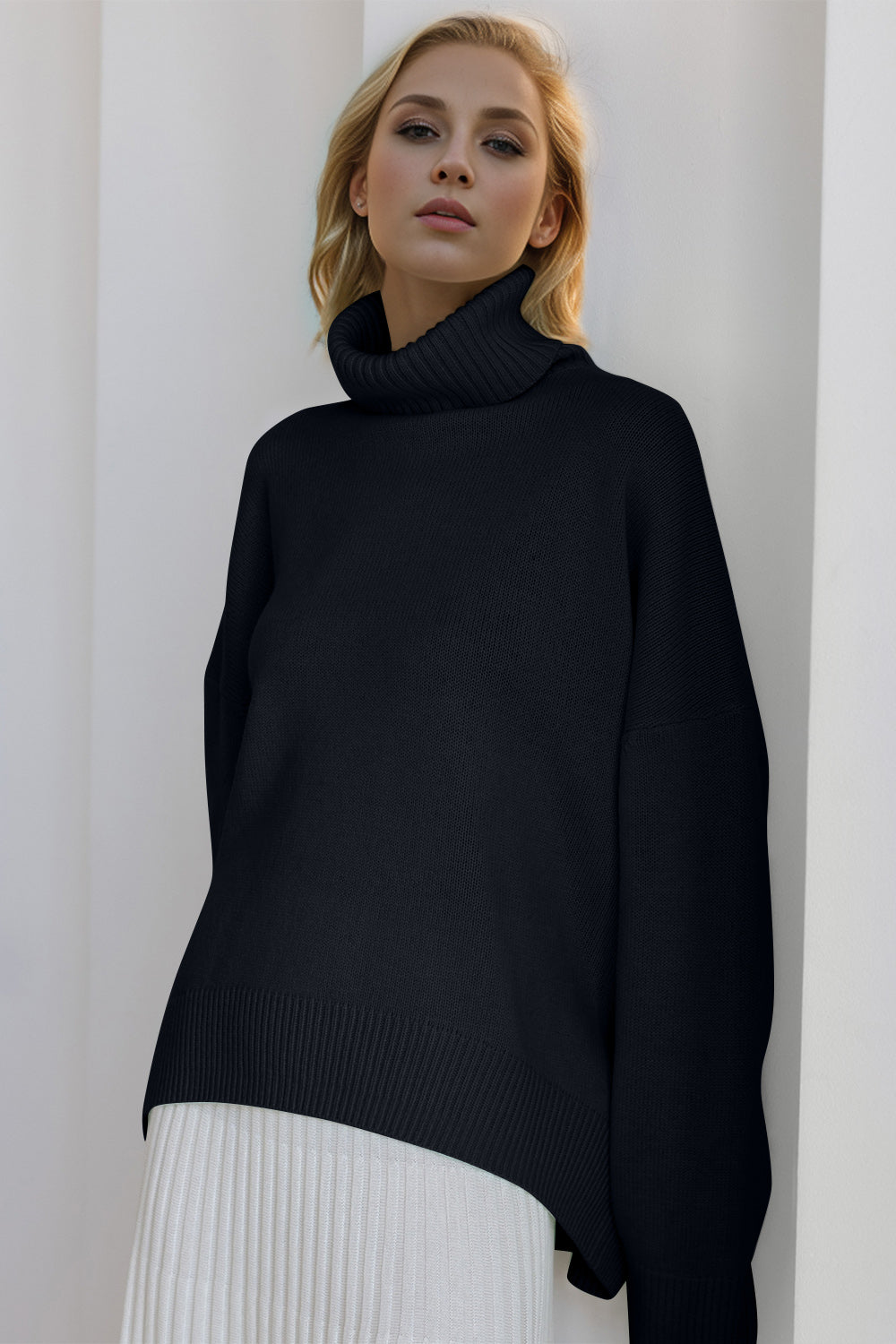 One Size Turtleneck Dropped Shoulder Long Sleeve Sweater