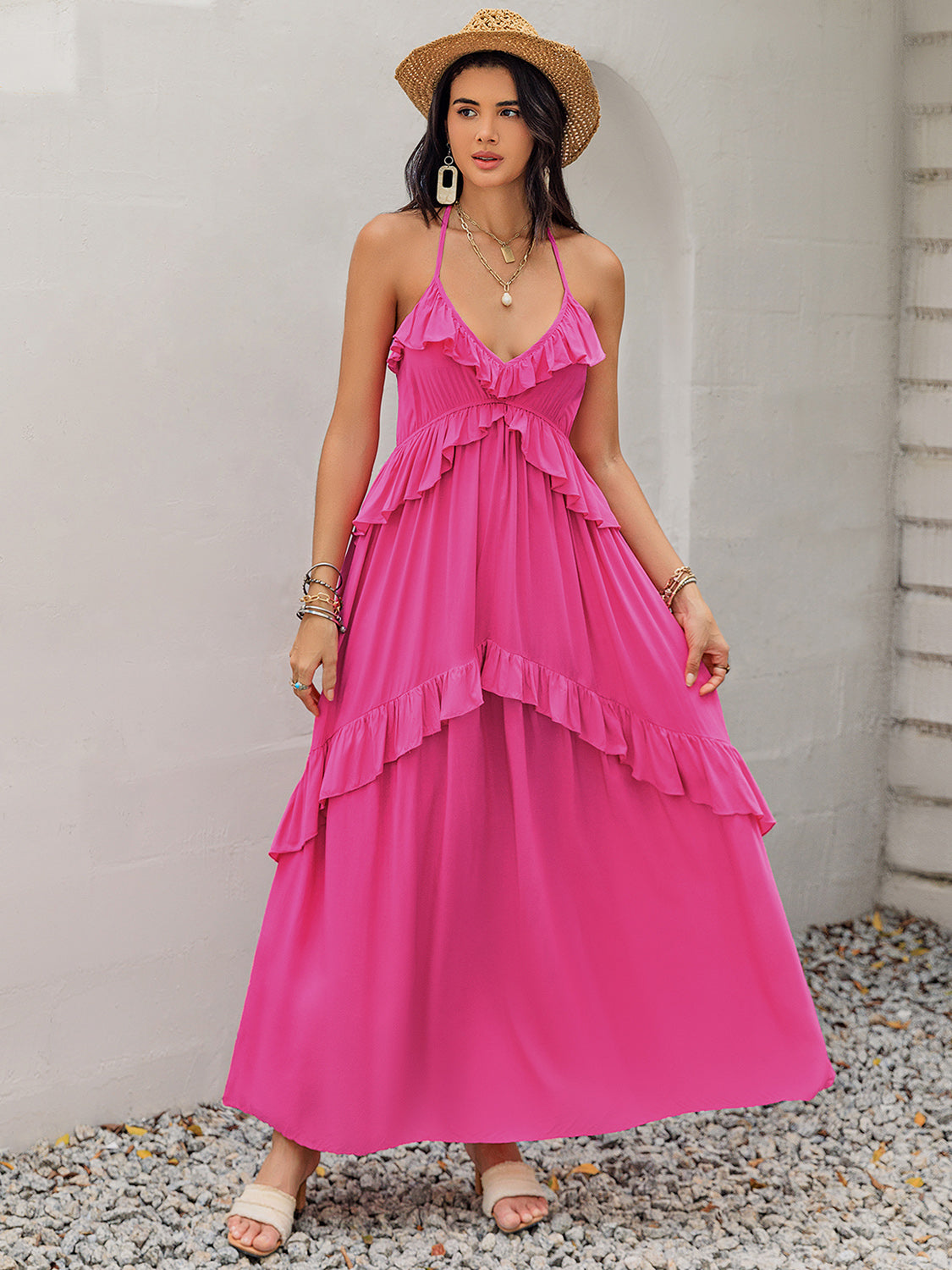 Ruffled Halter Style Maxi Dress