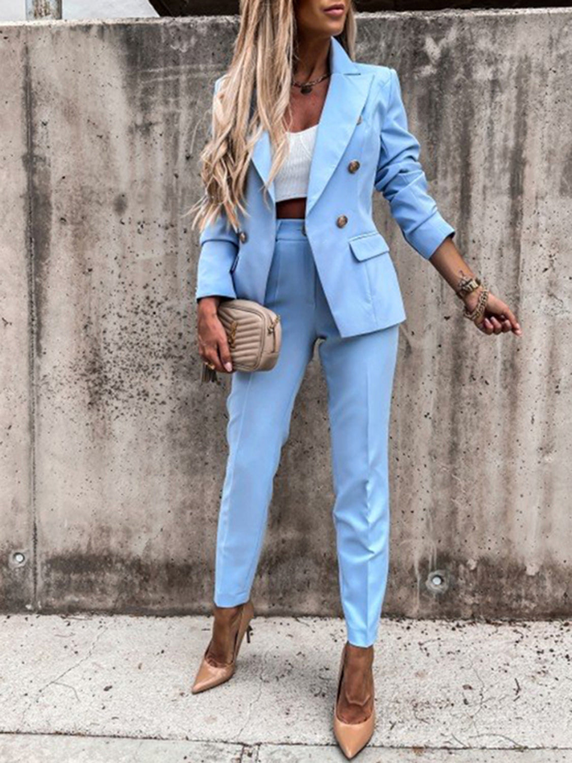 Regular & Plus Size Lapel Collar Long Sleeve Blazer & Pants Set