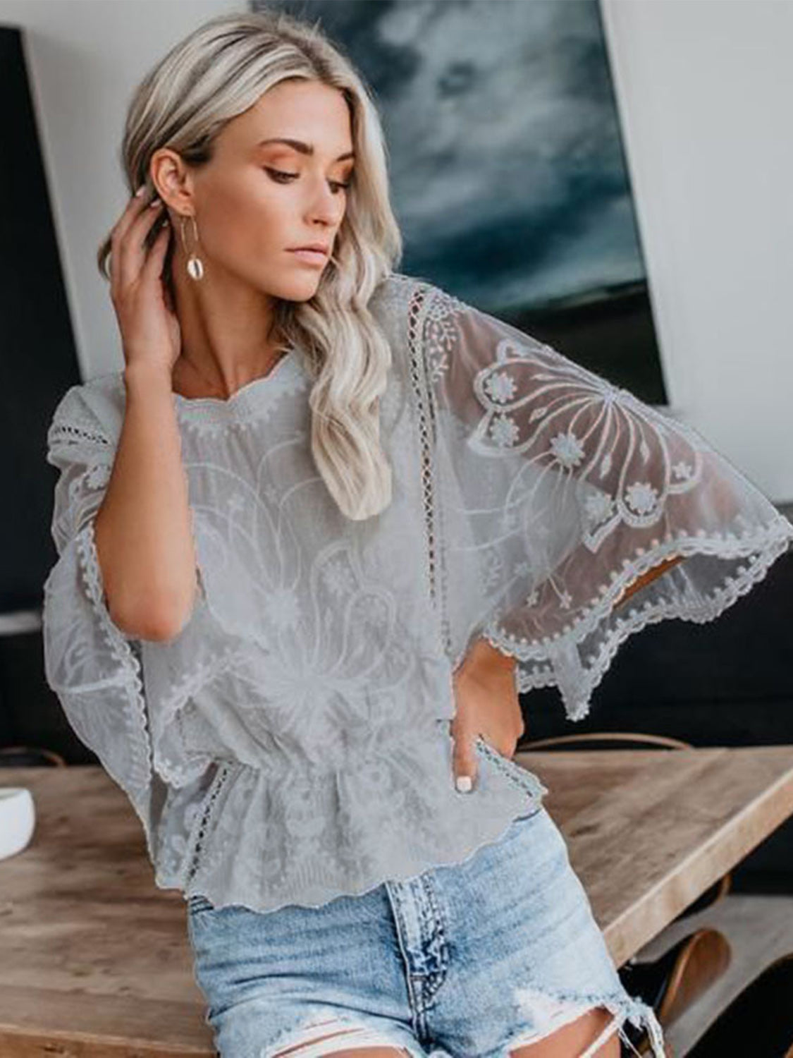 Regular & Plus Size Lace Detail Blouse