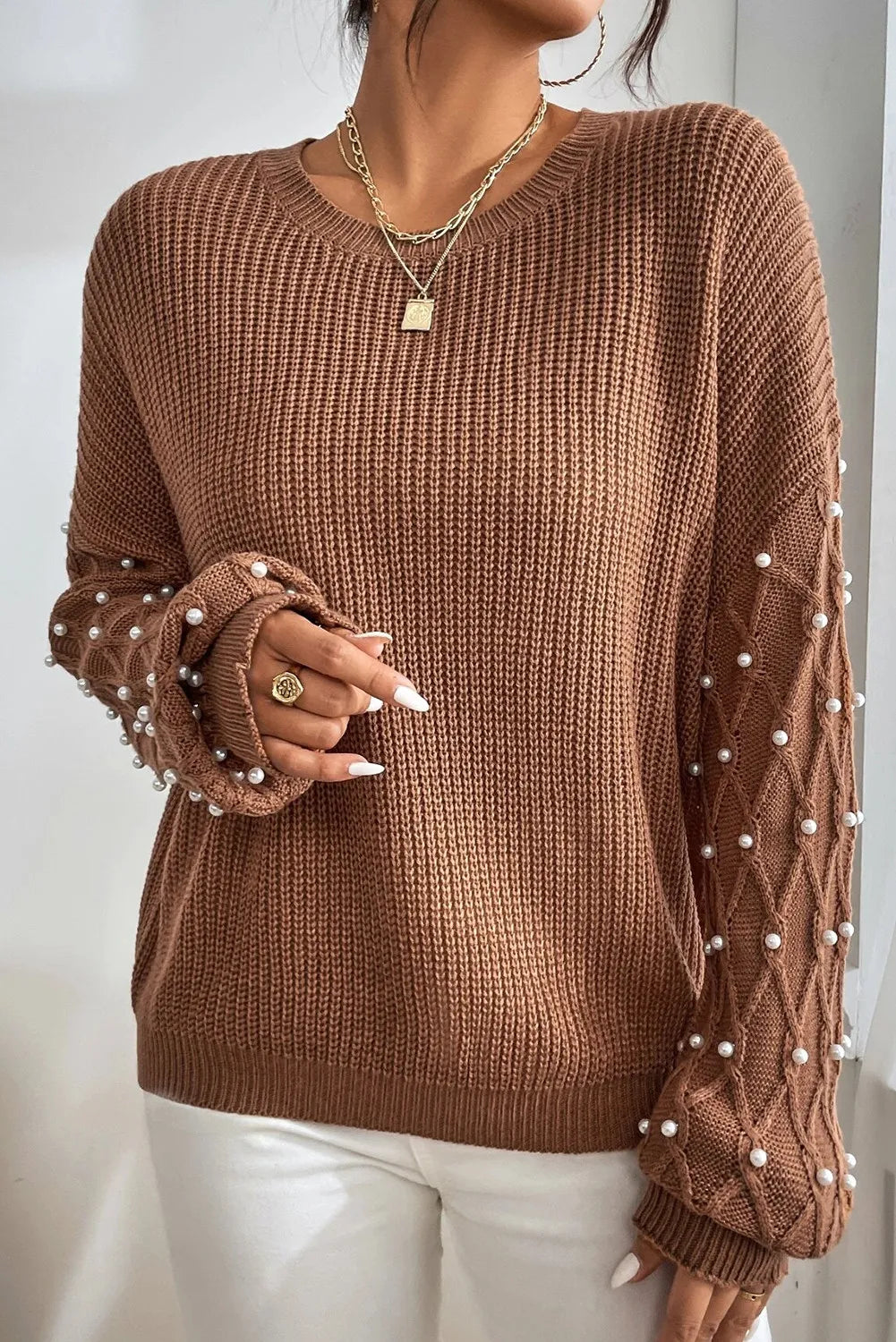 Pearl Detail Round Neck Sweater