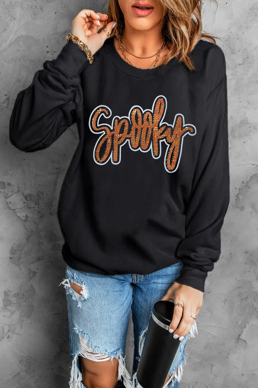 SPOOKY Rhinestone Round Neck Long Sleeve Sweatshirt