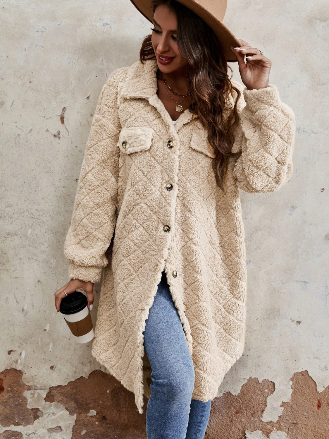 Regular & Plus Size Fuzzy Button Up Dropped Shoulder Coat