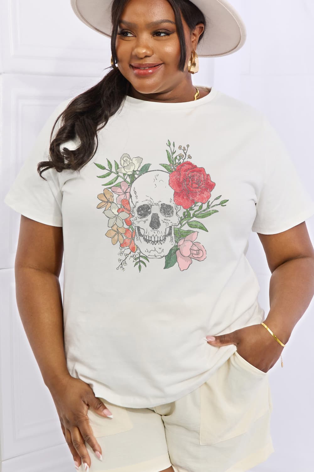 Regular & Plus Size Floral Skull Graphic Cotton Tee