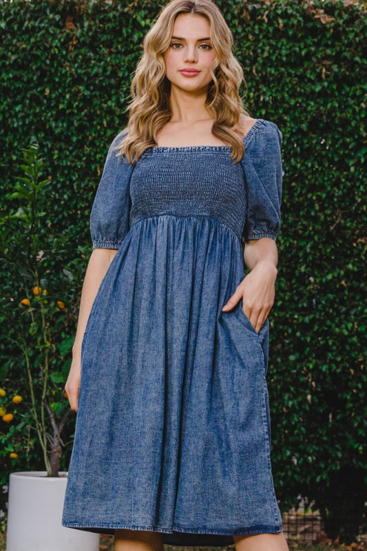 Regular & Plus Size Washed Smocked Puff Sleeve Dress