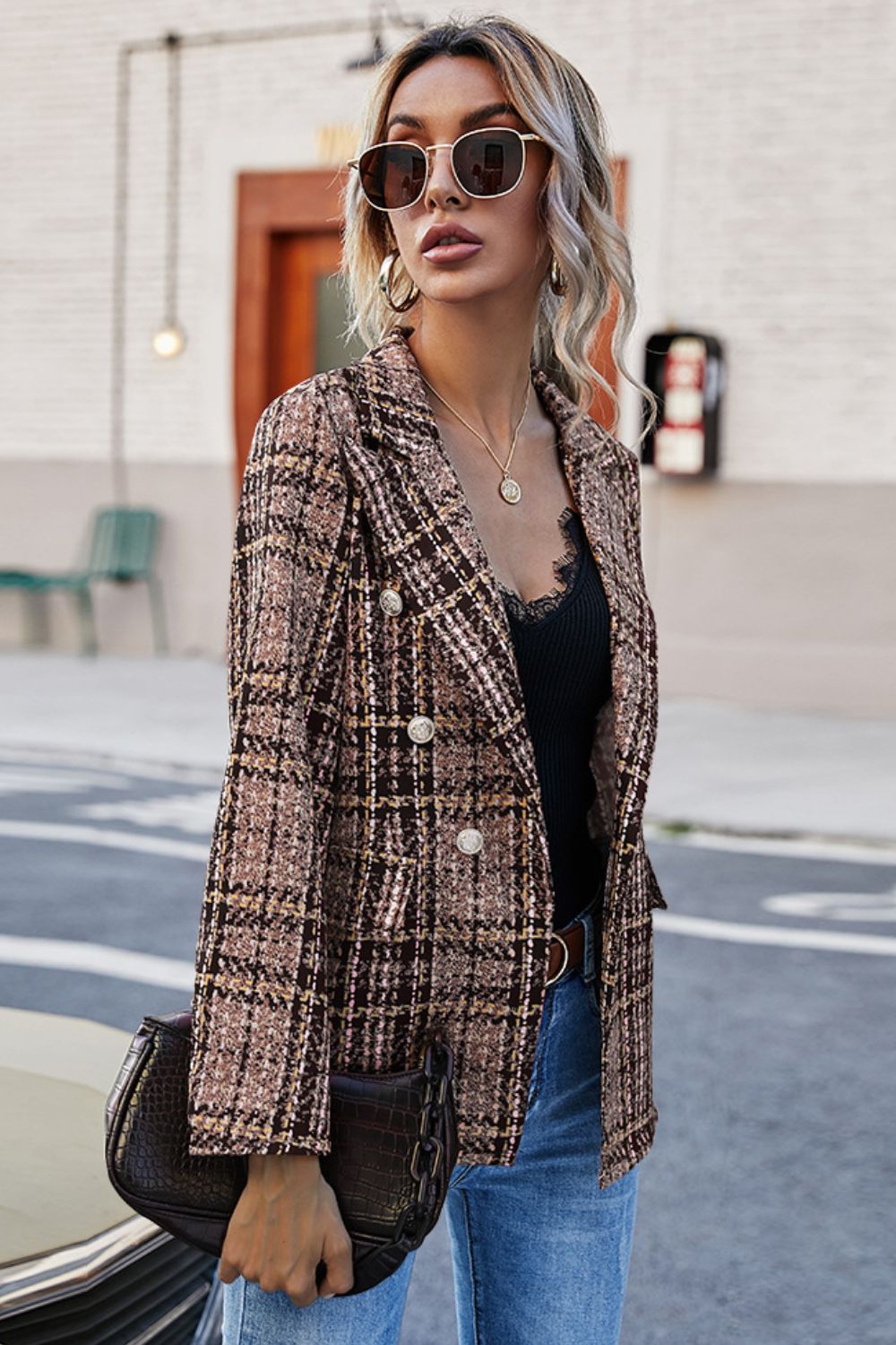 Regular & Plus Size Plaid Buttoned Blazer