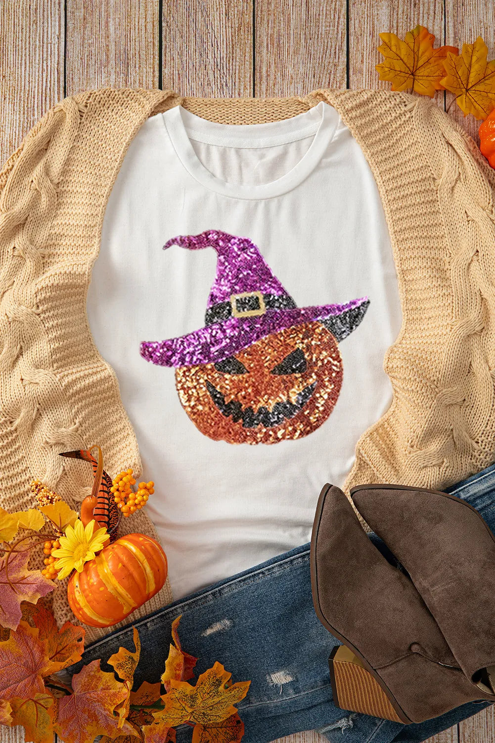 Sequin Spooky Pumpkin Short Sleeve T-Shirt